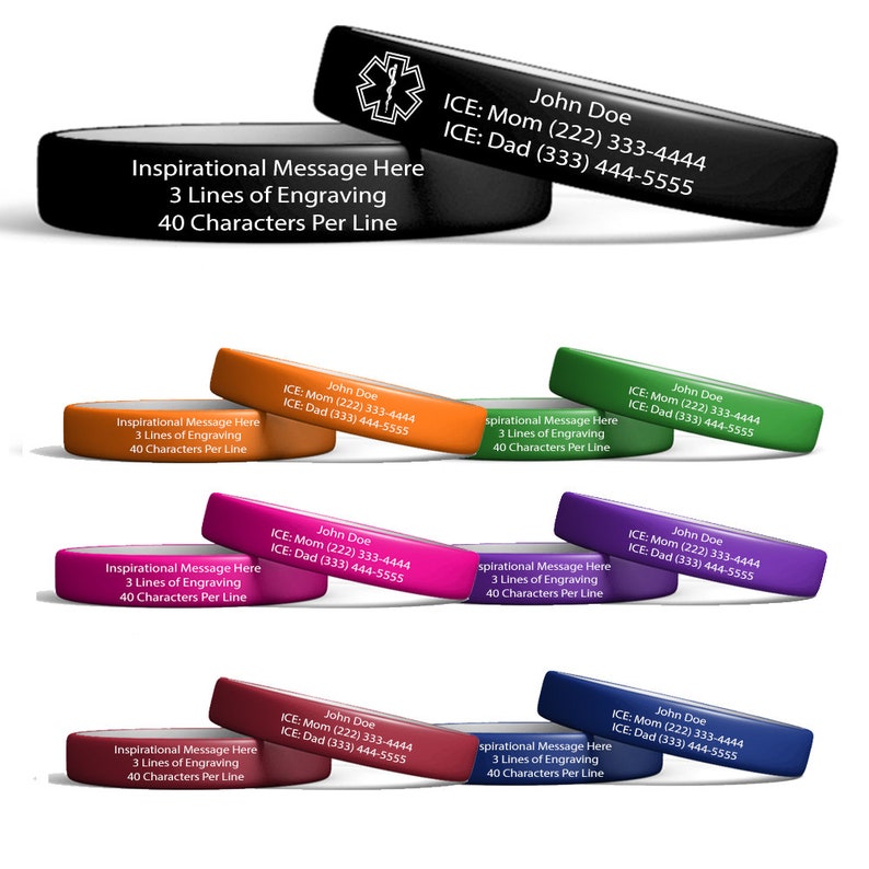 Medical Alert silicone alert ID bracelet. Clasp free, durable, fun colors, white engraving with 6 lines of engrave and 40 characters per line. Sizes Small 6 6/8, Medium 7 3/8, Large 8 3/8. Designed for men, women and children. Medical Star engraved.