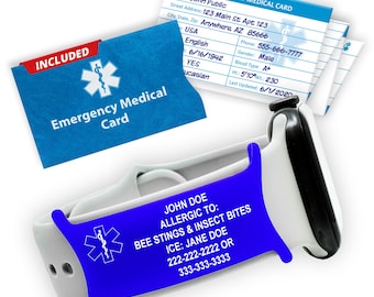 Medical Alert ID Tag for Smartwatch and Sport Bands – Custom Engraved – Waterproof Silicone – Includes Emergency Wallet Card & Health Log