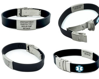 Braccialetto di allerta medica impermeabile - Bracciale identificativo in silicone nero, chiusura in acciaio inossidabile