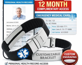 Braccialetto di allerta medica personalizzato con incisione / Braccialetto identificativo in silicone impermeabile / Identificativo medico di emergenza / Identificativo medico per uomo e donna