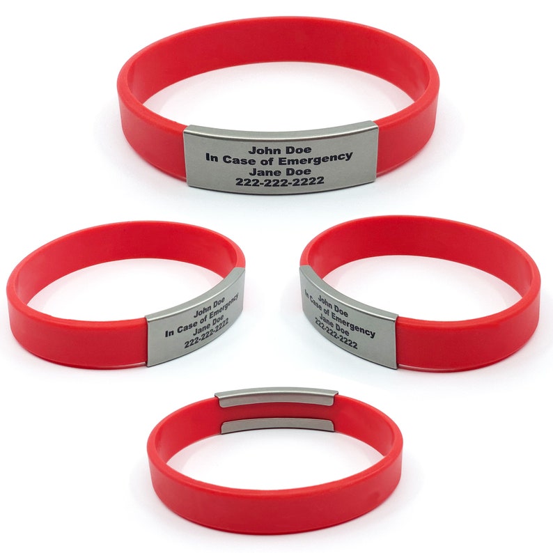 Red alert ID bracelet Small, Medium, or Large made of waterproof, durable, silicone rubber. Customizable for men, women, and children. Used for motivational bracelet, medical alert id bracelet, emergency bracelet with your contact information.