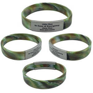 Camo Green alert ID bracelet Small, Medium, or Large made of waterproof, durable, silicone rubber. Customizable for men, women, and children. Used for motivational bracelet, medical alert id bracelet, emergency bracelet with your contact information.