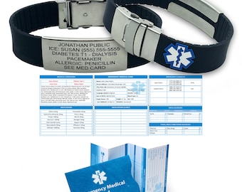 Medical Alert Bracelet: Black Silicone Wristband With Blue Star of