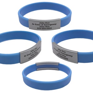 Periwinkle alert ID bracelet Small, Medium, or Large made of waterproof, durable, silicone rubber. Customizable for men, women, and children. Used for motivational bracelet, medical alert id bracelet, emergency bracelet with your contact information.