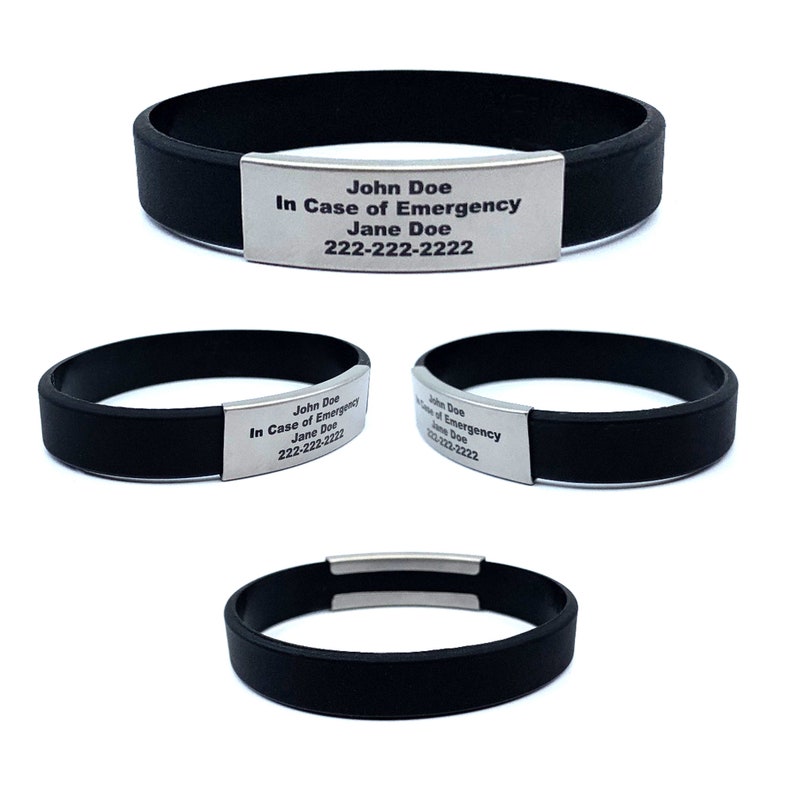 Black alert ID bracelet Small, Medium, or Large made of waterproof, durable, silicone rubber. Customizable for men, women, and children. Used for motivational bracelet, medical alert id bracelet, emergency bracelet with your contact information.