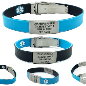 Engraved Medical Alert Bracelet: Hypoallergenic Silicone, Sky Blue/Black