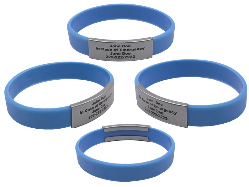 Periwinkle alert ID bracelet Small, Medium, or Large made of waterproof, durable, silicone rubber. Customizable for men, women, and children. Used for motivational bracelet, medical alert id bracelet, emergency bracelet with your contact information.