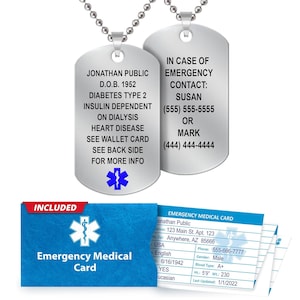 Medical Alert Dog Tags Necklace - Customizable Engraved 18 Lines, Stainless Steel Beaded 27” Chain - Medical Card & Personal Health Record