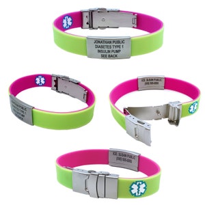 Reversible Medical Alert Bracelet: Slim Green/Pink Silicone ID Bracelet