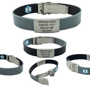 Medical Alert Bracelet Women Waterproof - ID Bracelet for Men - Black and Gray Reversible Silicone Bracelet - Includes Medical Alert Card