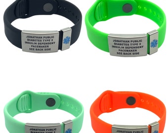 Bracelet d'alerte médicale pour homme et femme - Silicone de qualité et acier inoxydable. Noir - Orange - Bleu sarcelle - Vert - Convient à 6" à 8,75"