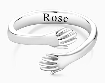 Custom Name Rings - Engraved Hugging Hands Open Ring Stainless Steel - Cute Rings for Women - Statement Rings - Unique Rings for Women