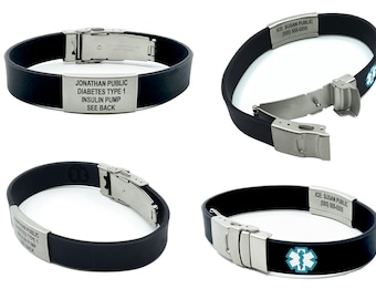 Silicone Medical Alert Bracelet: Reversible Design, Engraved Stainless Steel