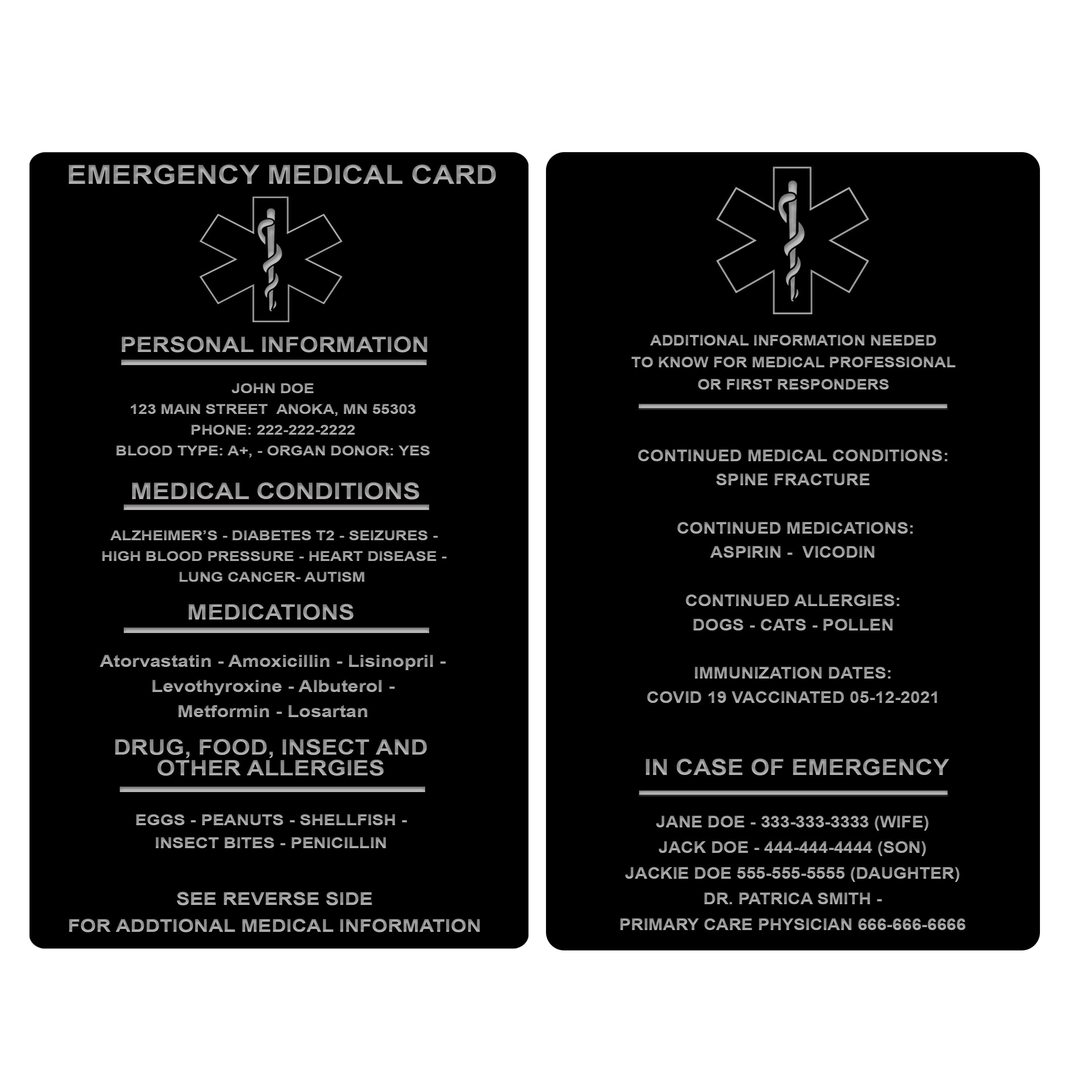 Medical Emergency Wallet Card Medical Alert Medical ID Card Etsy