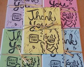 Thank You Cards - 4 Pack - Lino Block Print - Perfect for Birthdays, Weddings, Showers