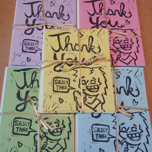 Thank You Cards - 4 Pack - Lino Block Print - Perfect for Birthdays, Weddings, Showers