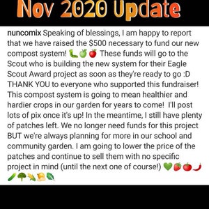 May include: A November 2020 update announcement about a compost system fundraiser. The text reads "Nov 2020 Update" and includes emojis of a caterpillar, apple, green heart, strawberry, and chili pepper.