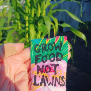 May include: A pink and green fabric patch with the text "Grow Food Not Lawns" written in black.
