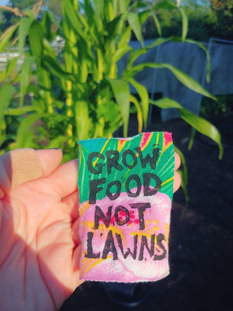 May include: A pink and green fabric patch with the text "Grow Food Not Lawns" written in black.