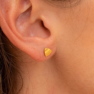 May include: A close-up of a person's ear with a small, gold, triangular earring.