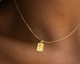 Halskette mit Palmen Anhänger • Minimalistische Kette • Damen Halskette aus Edelstahl • Filigrane Goldkette • Geschenk für Sie mit Box