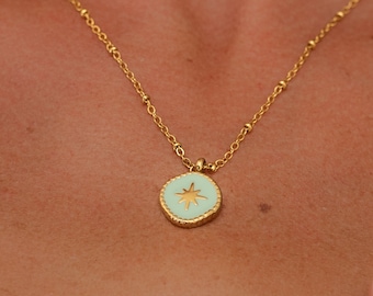 Necklace with Coin Pendant Turquoise • Gold Stainless Steel Chain for Women • Turquoise Coin with Golden Star • Delicate Boho Jewelry