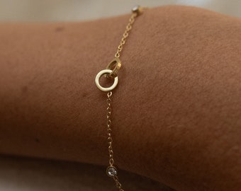Gold Bracelet with Gemstones and Intertwined Circles • Stainless Steel Bracelet for Women • Minimalist Jewelry • Gift for Her