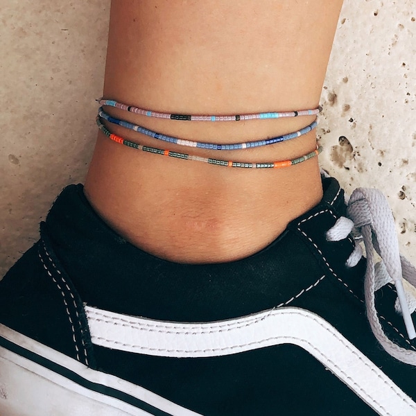 Beaded Anklet Set of 3 for Women & Girls - Handmade Surfer Anklet Set - Festival Outfit Beach Accessories - Cute Friendship Jewelry