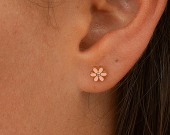 Flower Stud Earrings • Gold-Plated Stainless Steel Earrings • Pink Flower Earrings • Summer Earrings • Gifts for Women or Girls