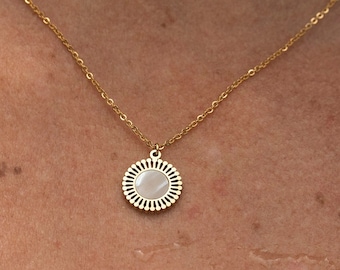 Necklace with Sun Pendant • Mother of Pearl Necklace • Stainless Steel Necklace Women • Gold Necklace with Pendant • Gift for Her