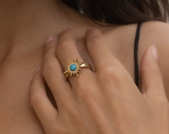 Boho Ring Gold • Waterproof & Adjustable Ring • Ring with turquoise Gemstone • Dainty Stainless Steel Ring • Gift for Her