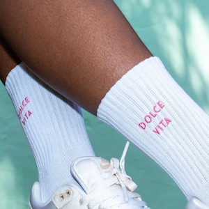 Funny Socks Women & Men • Dolce Vita Palm Socks • Embroidered Socks • White Tennis Socks • Crew Socks with Motif