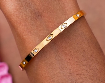 Edelstahl Armreif Gold • Evil Eyes Armreif • Boho Schmuck Damen • Armreif mit eingravierten Evil Eyes • Geschenk für Sie