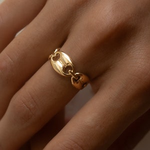 May include: A gold chain ring with oval links. The ring is worn on a person's finger.