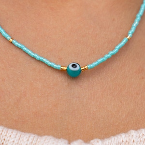 Turquoise Pearl Necklace with Evil Eye Bead • Women's Pearl Necklace • Delicate Necklace • Colorful Pearl Choker for Women • Hippie Jewelry
