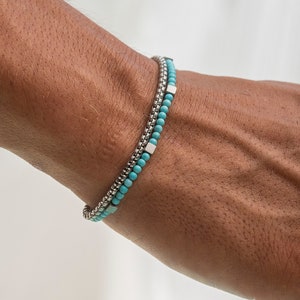 Dubbele rij armband turquoise zilver • Heren armband waterdicht & verstelbaar • Roestvrijstalen armband • Surfer sieraden • Parel armband