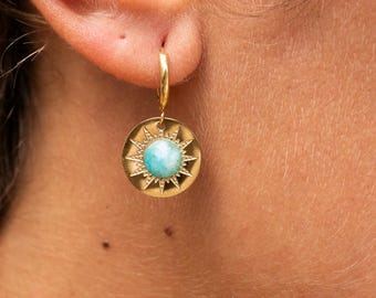 Set Hanging Earrings • Stainless Steel Gold Earrings • Sun Pendant Earrings with Turquoise Stone • Boho Earrings • Gift for Her