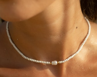 Süßwasserperlen Halskette Weiß • Süßwasser Perlenkette • Minimalistische Kette • Perlen Choker Damen • Halskette Frauen • Geschenk für Sie