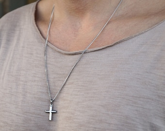 Stainless Steel Mens Necklace with Cross Pendant - High Quality Silver Necklace for Men - Birthday Present for Him