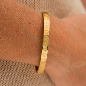 Stainless Steel Gold Bangle • Heart Bangle • Boho Jewelry for Women • Engraved Heart Bracelet • Gift for Her
