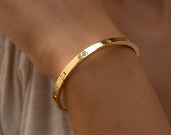 Brazalete de acero inoxidable dorado • Joyería boho para mujer • Brazalete con piedras preciosas • Regalo de cumpleaños para mujer