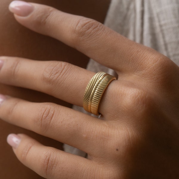 Boho Ring Gold • Waterproof & Adjustable Ring Stainless Steel • Dainty Ring with Fan Pattern • Minimalist Ring • Boho Jewelry • Feather Ring