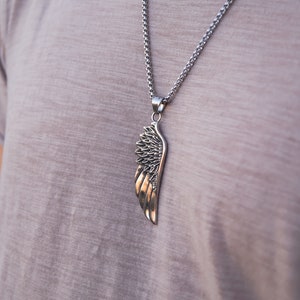 Stainless Steel Mens Necklace with Wing Pendant - High Quality Silver Necklace for Men - Birthday Present for Him