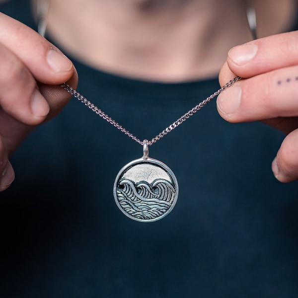 Mannen ketting met hanger - Cool Surfer zilveren ketting - zilver gelegeerd roestvrij staal - mannen ketting zilver - cadeau voor mannen - wave