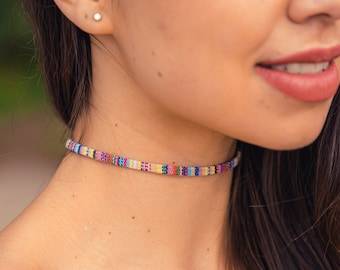 Boho Surfer Choker Halskette Damen & Mädchen - Made by Nami Handmade Festival Accessoires - Verstellbar + 100% wasserfest - Hippie Gelb Gelb