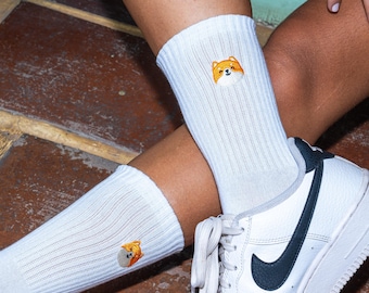 Funny Socks Women & Men • Shiba Inu Dog Socks • Embroidered Socks • White Tennis Socks • Crew Socks with Motif