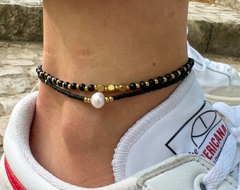 Goa Fußkettchen mit Perlen - Damen Fußband Boho Ethno Style - Makramee Schmuck mit Perlen und Glöckchen - Surfer Festival Accessoires