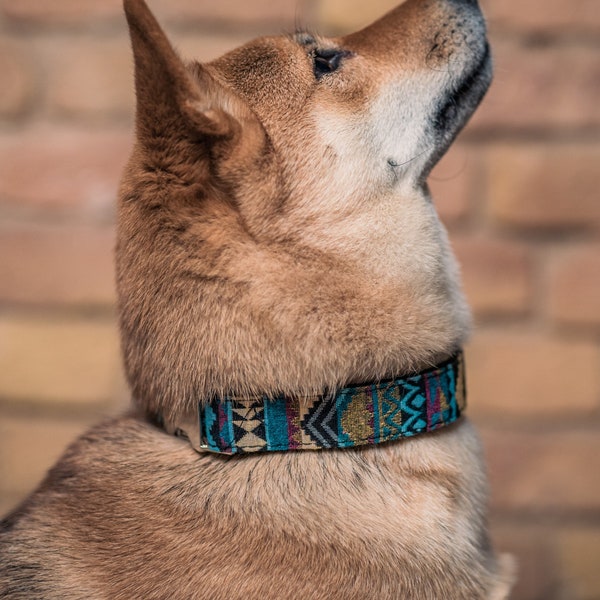 Boho Hundehalsband Breit - Buntes Halsband für Hunde aus gewebtem Nylon - in 4 verschiedenen Längen - Für kleine und große Hunde - Blau