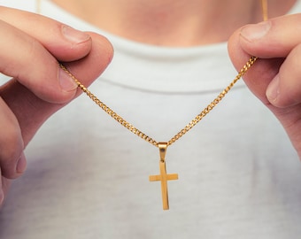 Stainless Steel Mens Necklace with Cross Pendant - High Quality Gold Men Necklace - Golden Link Chain - Birthday Present for Him