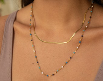Layered Choker Necklace for Women • Snake Design Necklace Chain with Beads • Double Row Gold Necklace • Boho Jewelry • Gift for Her